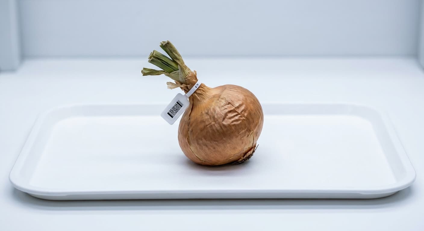 Scoville Splice Vidalia Burn (SS-0645) — engineered Onion specimen on-plant with laboratory specimen tag