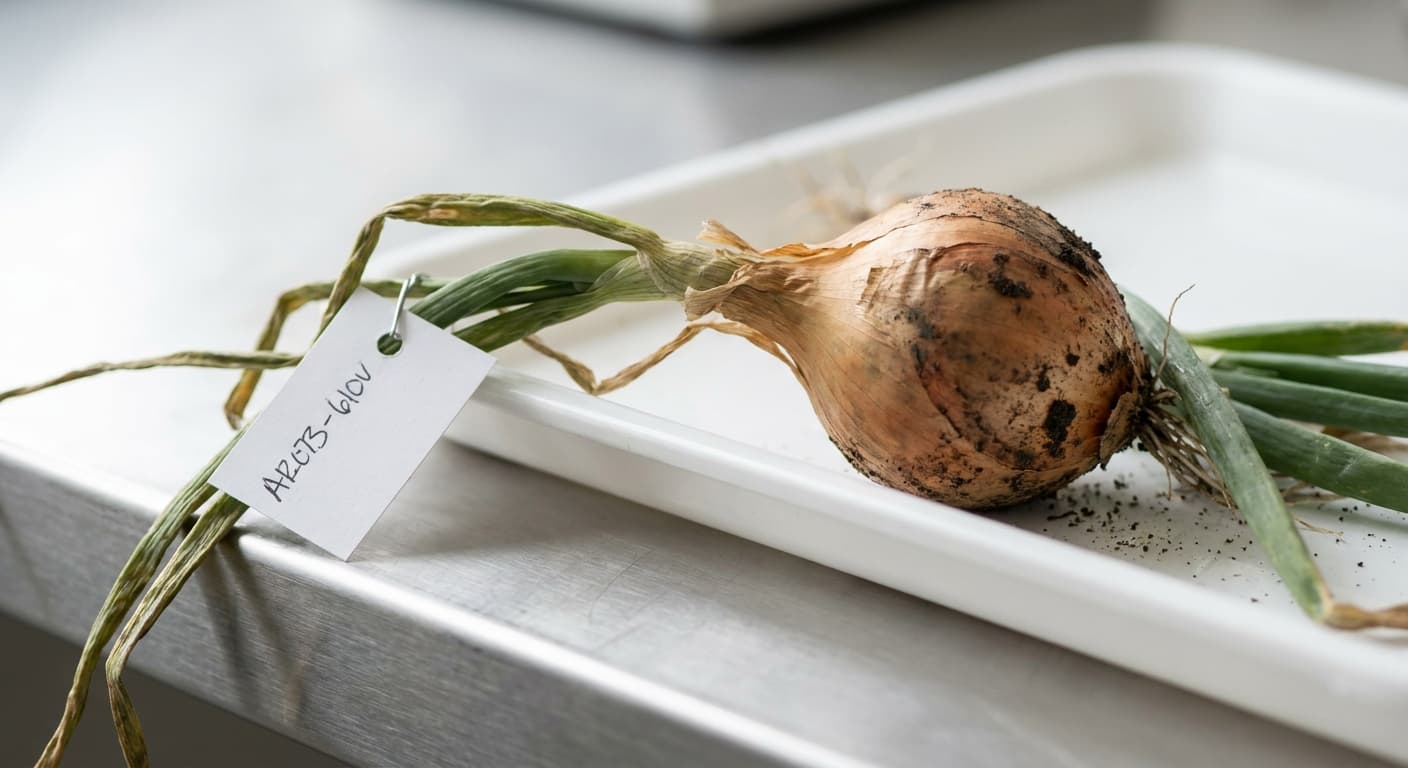 Scoville Splice Red Onion Fire (SS-0646) — engineered Onion specimen on-plant with laboratory specimen tag