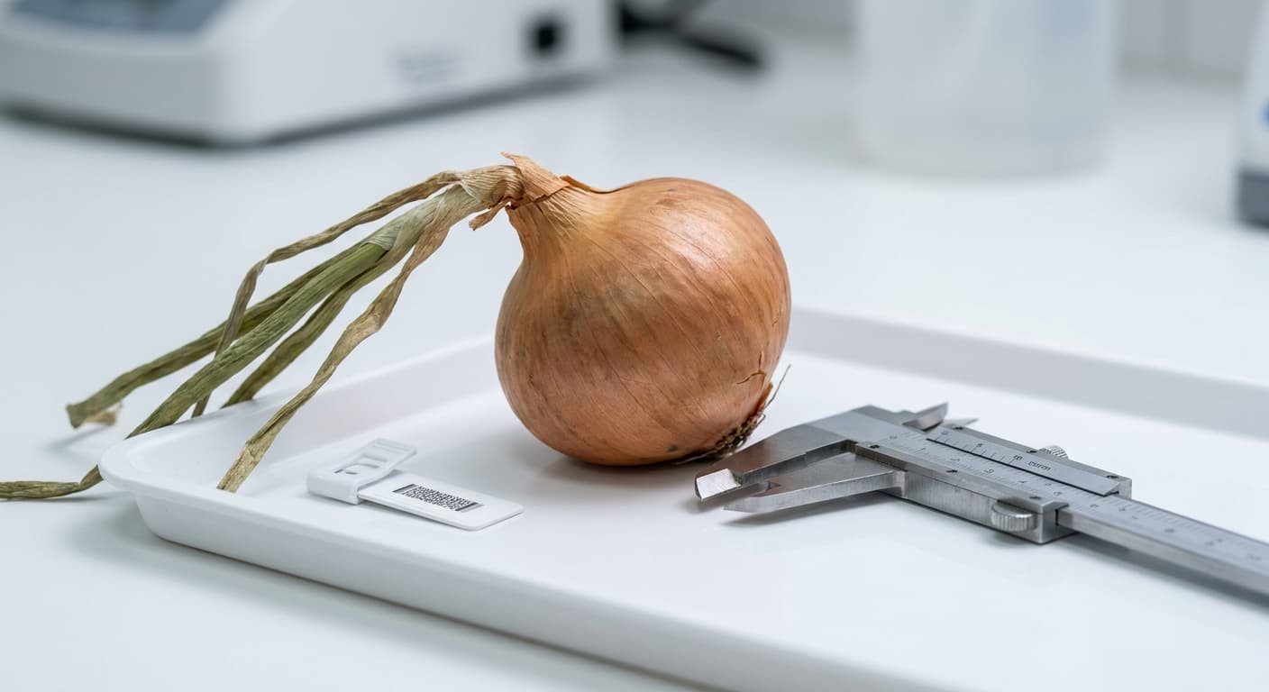 Scoville Splice Shallot Scorch (SS-0647) — engineered Onion specimen on-plant with laboratory specimen tag