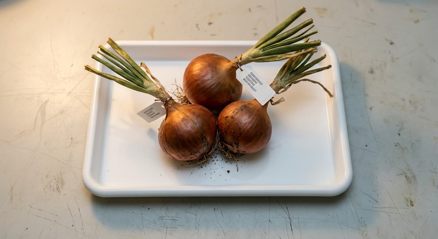 Scoville Splice Allium Inferno (SS-0648) — engineered Onion specimen on-plant with laboratory specimen tag