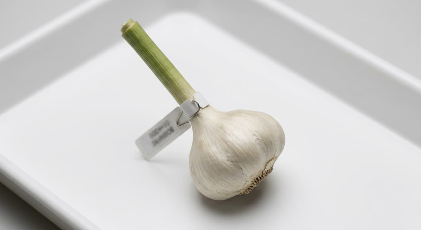 Scoville Splice Raw Clove (SS-0649) — engineered Garlic specimen on-plant with laboratory specimen tag