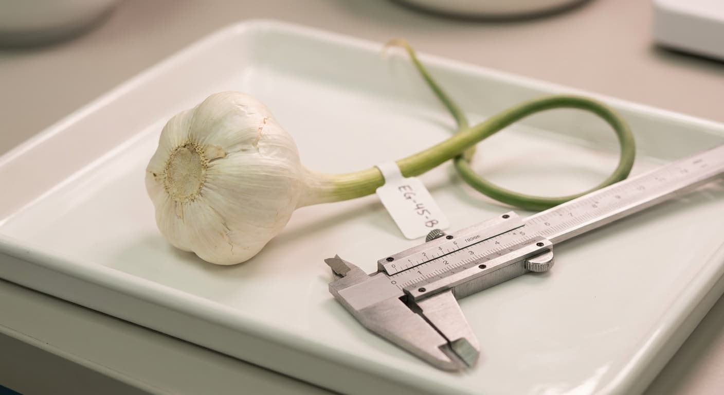 Scoville Splice Roasted (SS-0650) — engineered Garlic specimen on-plant with laboratory specimen tag