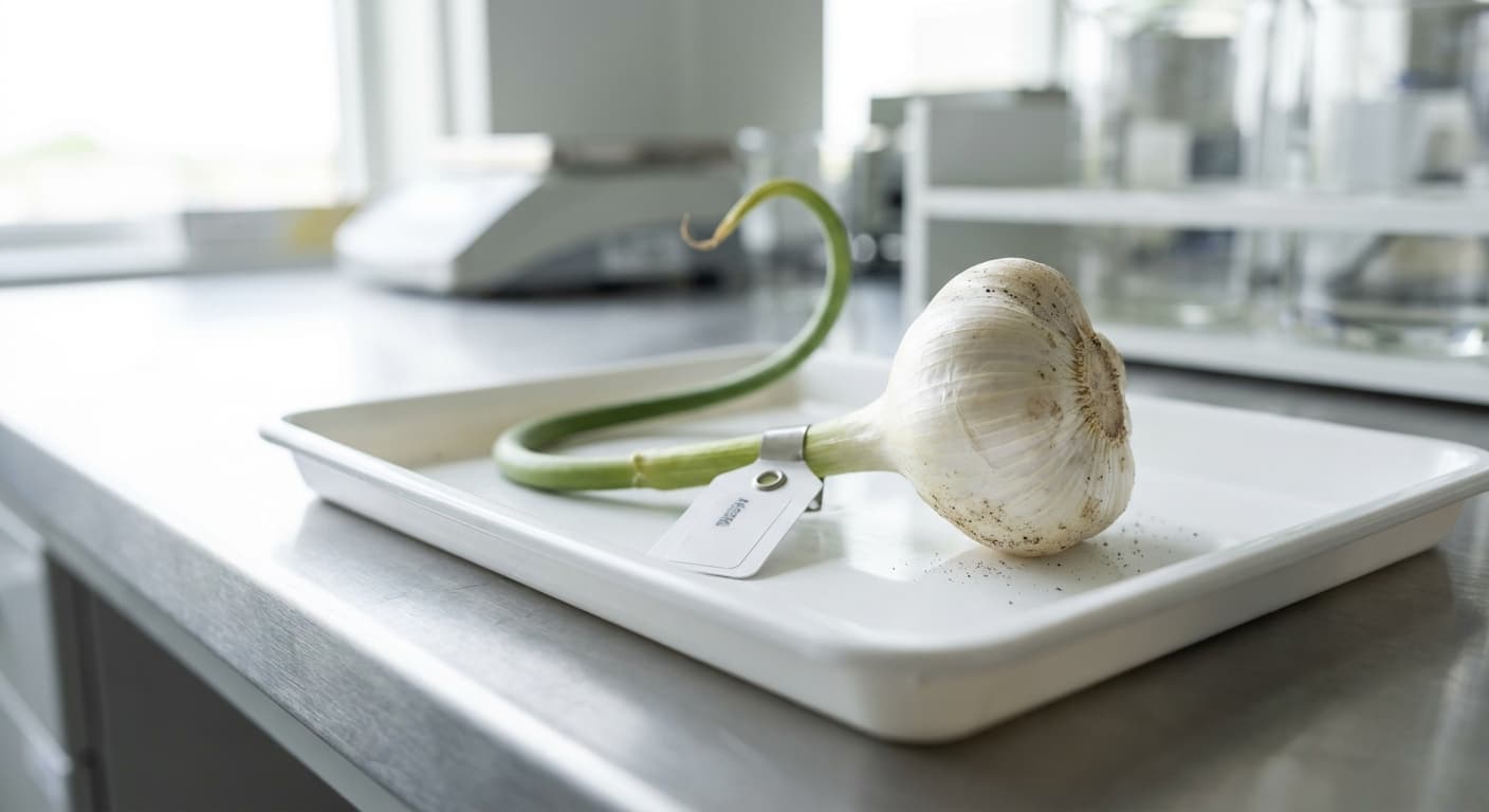 Scoville Splice Black Garlic (SS-0651) — engineered Garlic specimen on-plant with laboratory specimen tag