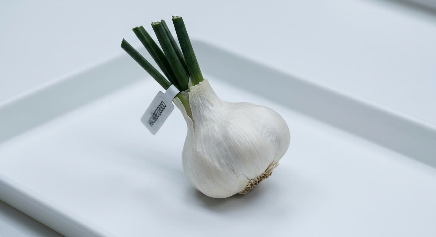 Scoville Splice Garlic Bread (SS-0652) — engineered Garlic specimen on-plant with laboratory specimen tag
