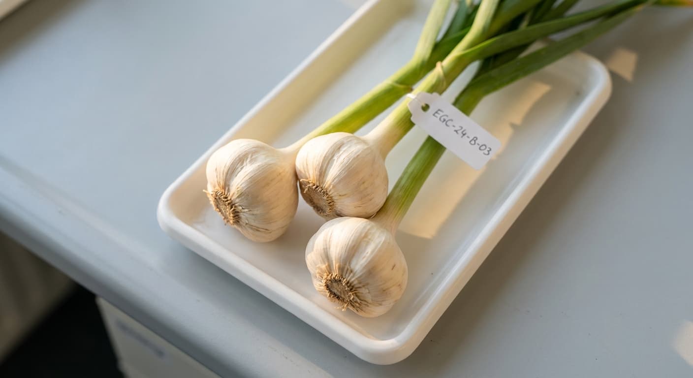 Scoville Splice Aioli (SS-0653) — engineered Garlic specimen on-plant with laboratory specimen tag