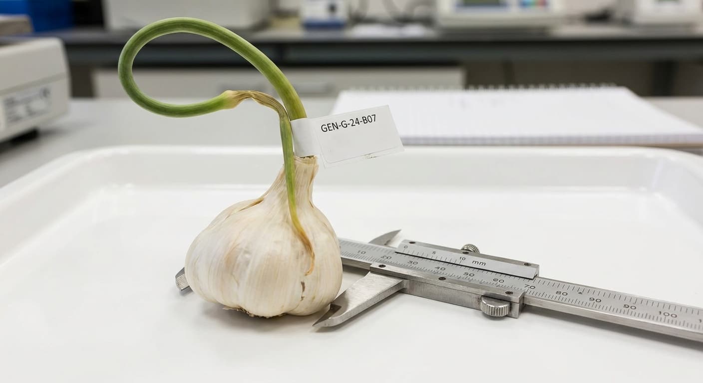 Scoville Splice Forty Clove (SS-0654) — engineered Garlic specimen on-plant with laboratory specimen tag