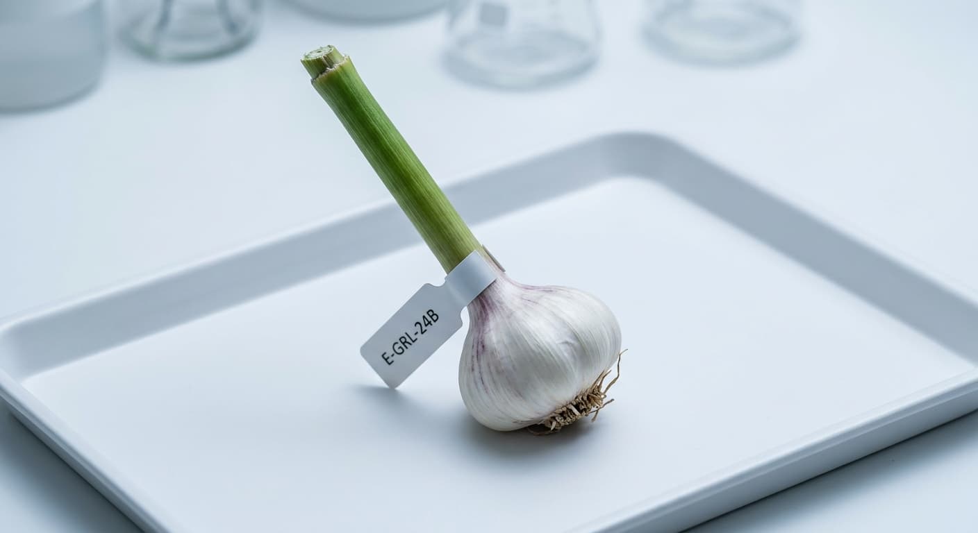 Scoville Splice Allicin Fire (SS-0656) — engineered Garlic specimen on-plant with laboratory specimen tag