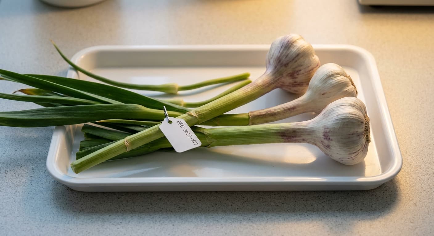 Scoville Splice Vampire Killer (SS-0657) — engineered Garlic specimen on-plant with laboratory specimen tag