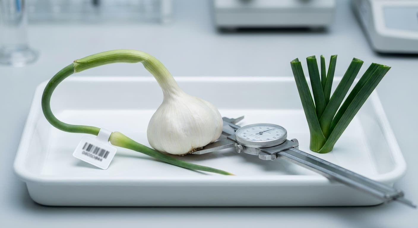Scoville Splice Garlic Inferno (SS-0658) — engineered Garlic specimen on-plant with laboratory specimen tag