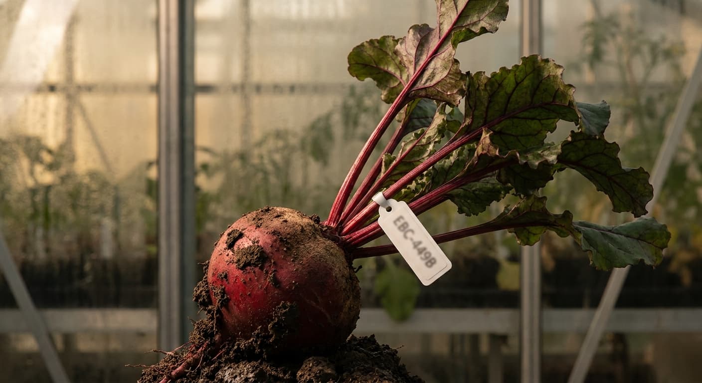 Scoville Splice Root Blush (SS-0660) — engineered Beet specimen on-plant with laboratory specimen tag