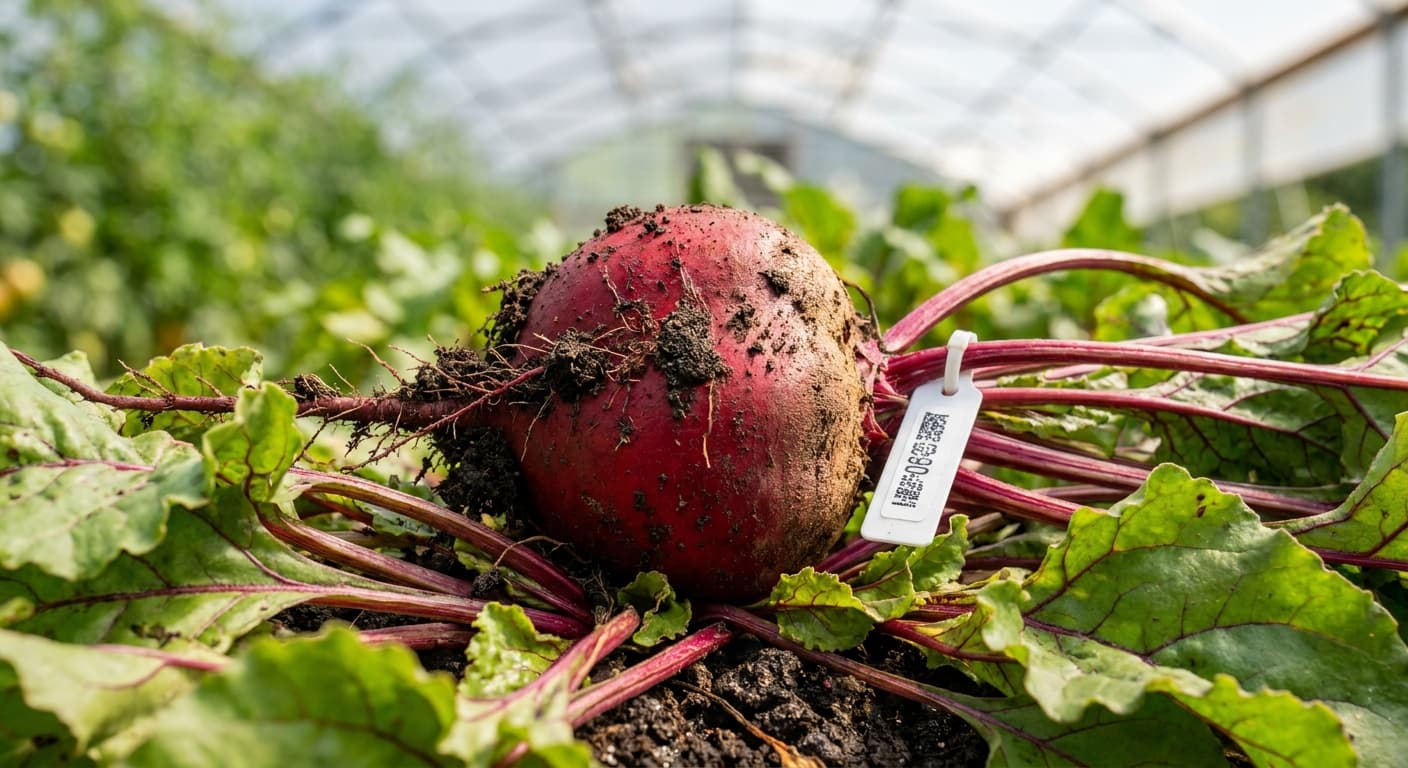 Scoville Splice Borscht Warm (SS-0661) — engineered Beet specimen on-plant with laboratory specimen tag