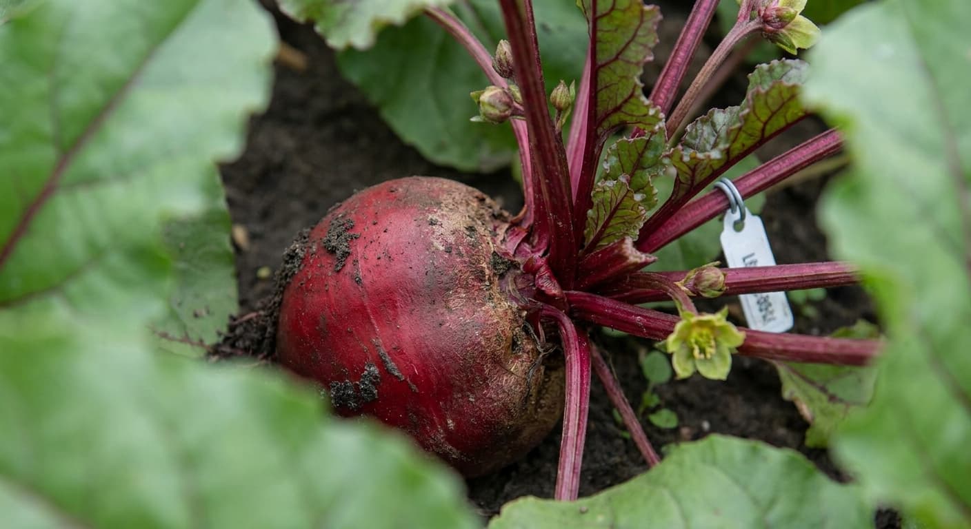 Scoville Splice Crimson Root (SS-0662) — engineered Beet specimen on-plant with laboratory specimen tag