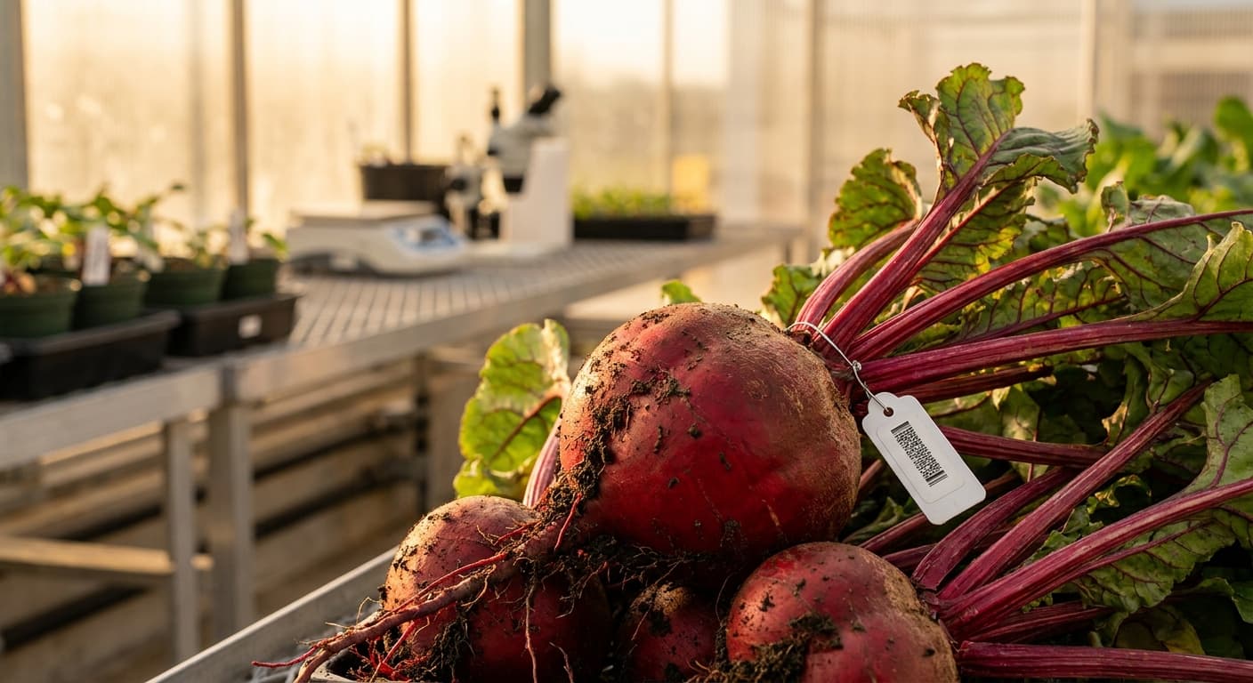 Scoville Splice Blood Orange (SS-0663) — engineered Beet specimen on-plant with laboratory specimen tag