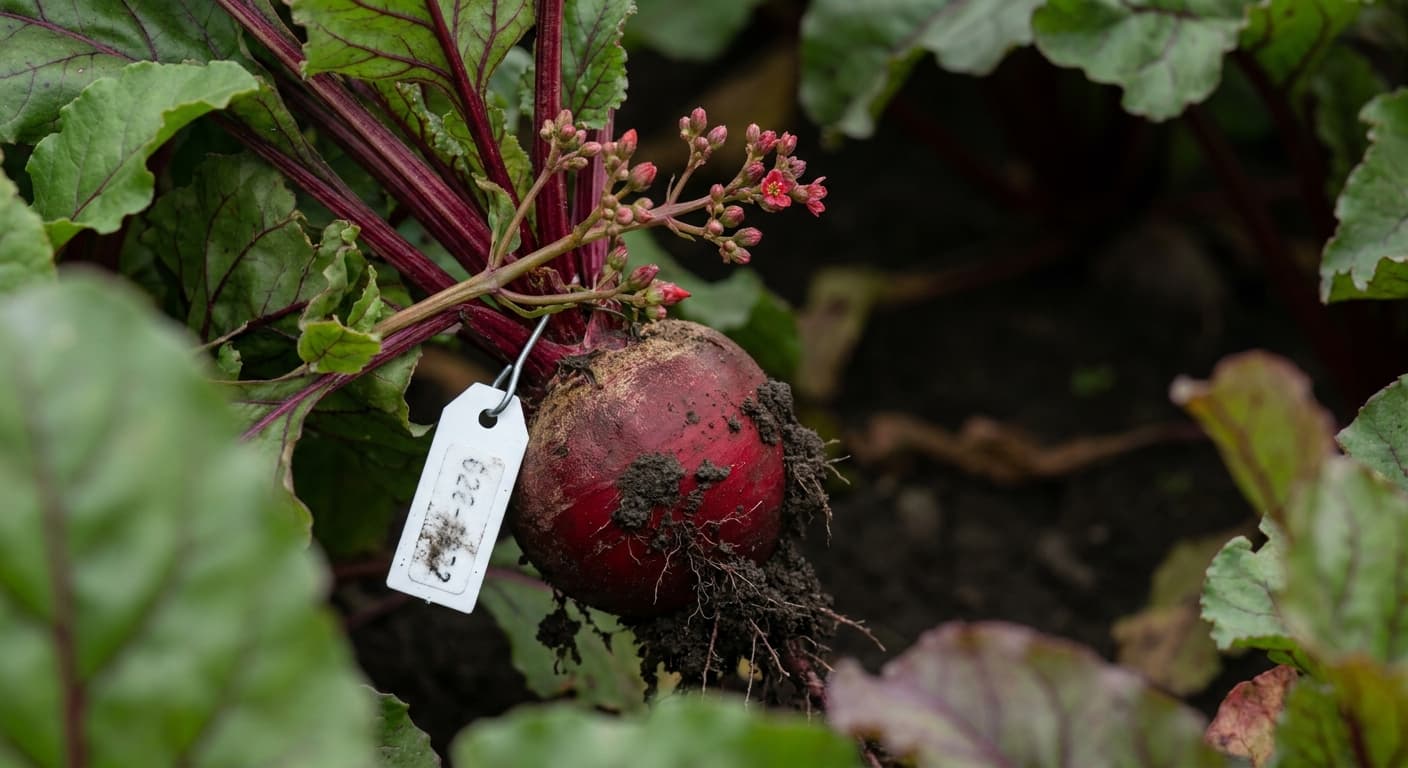 Scoville Splice Blood Moon (SS-0664) — engineered Beet specimen on-plant with laboratory specimen tag