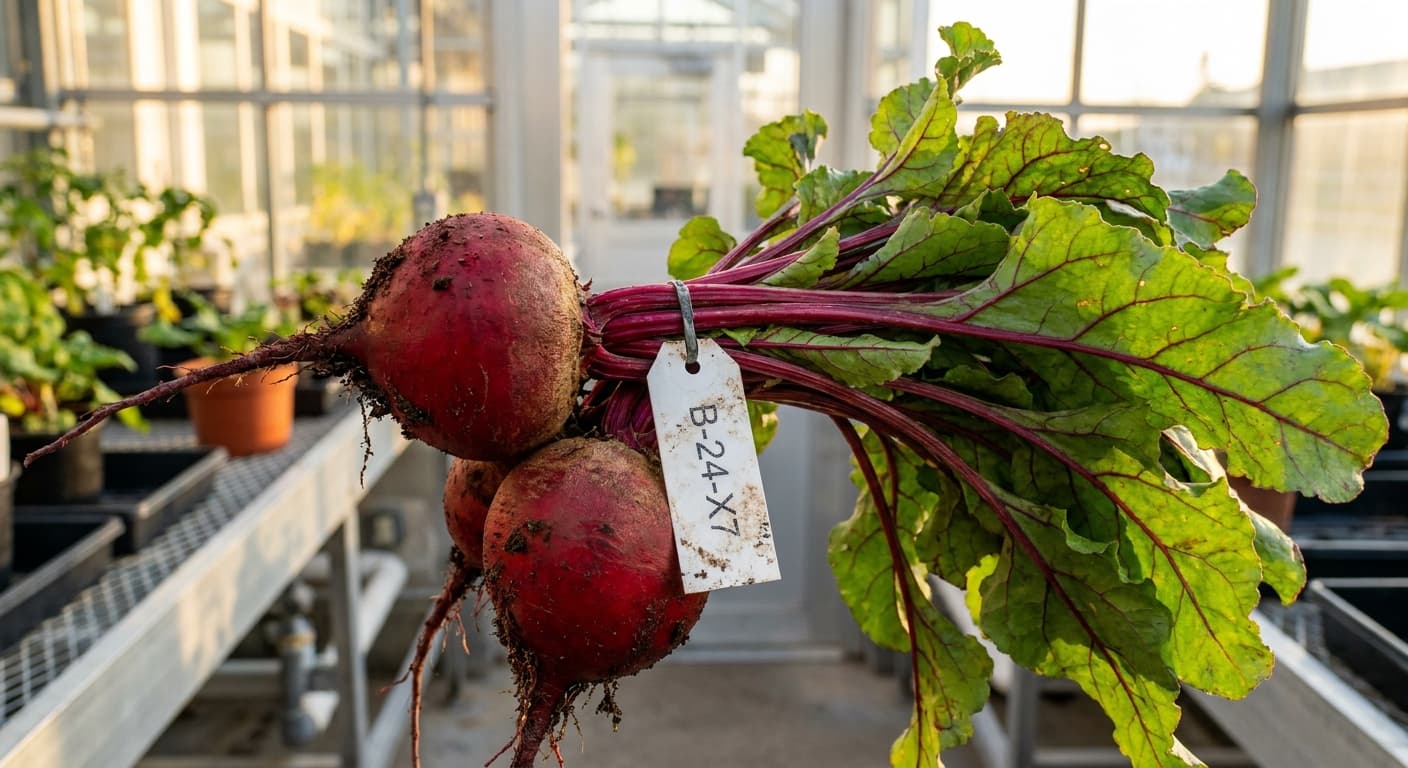 Scoville Splice Blood Diamond (SS-0665) — engineered Beet specimen on-plant with laboratory specimen tag
