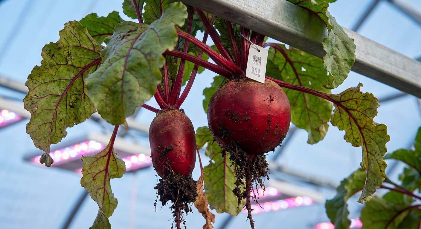 Scoville Splice Hemoglobin (SS-0666) — engineered Beet specimen on-plant with laboratory specimen tag
