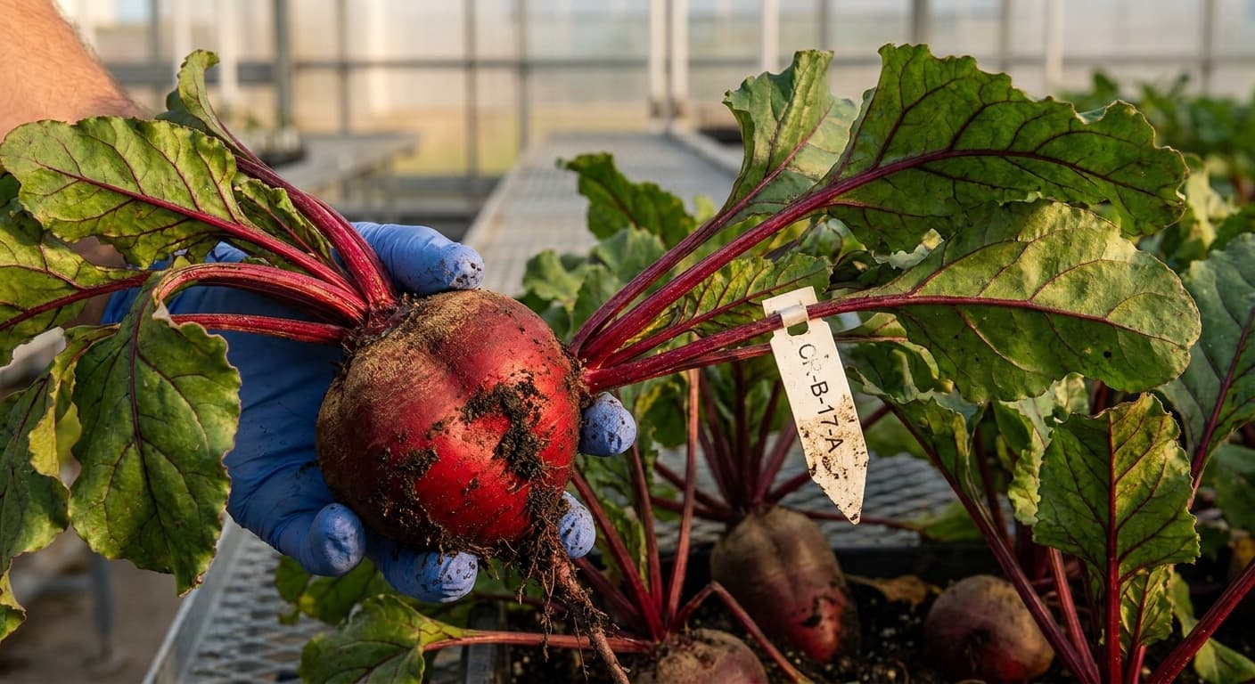Scoville Splice Arterial (SS-0667) — engineered Beet specimen on-plant with laboratory specimen tag