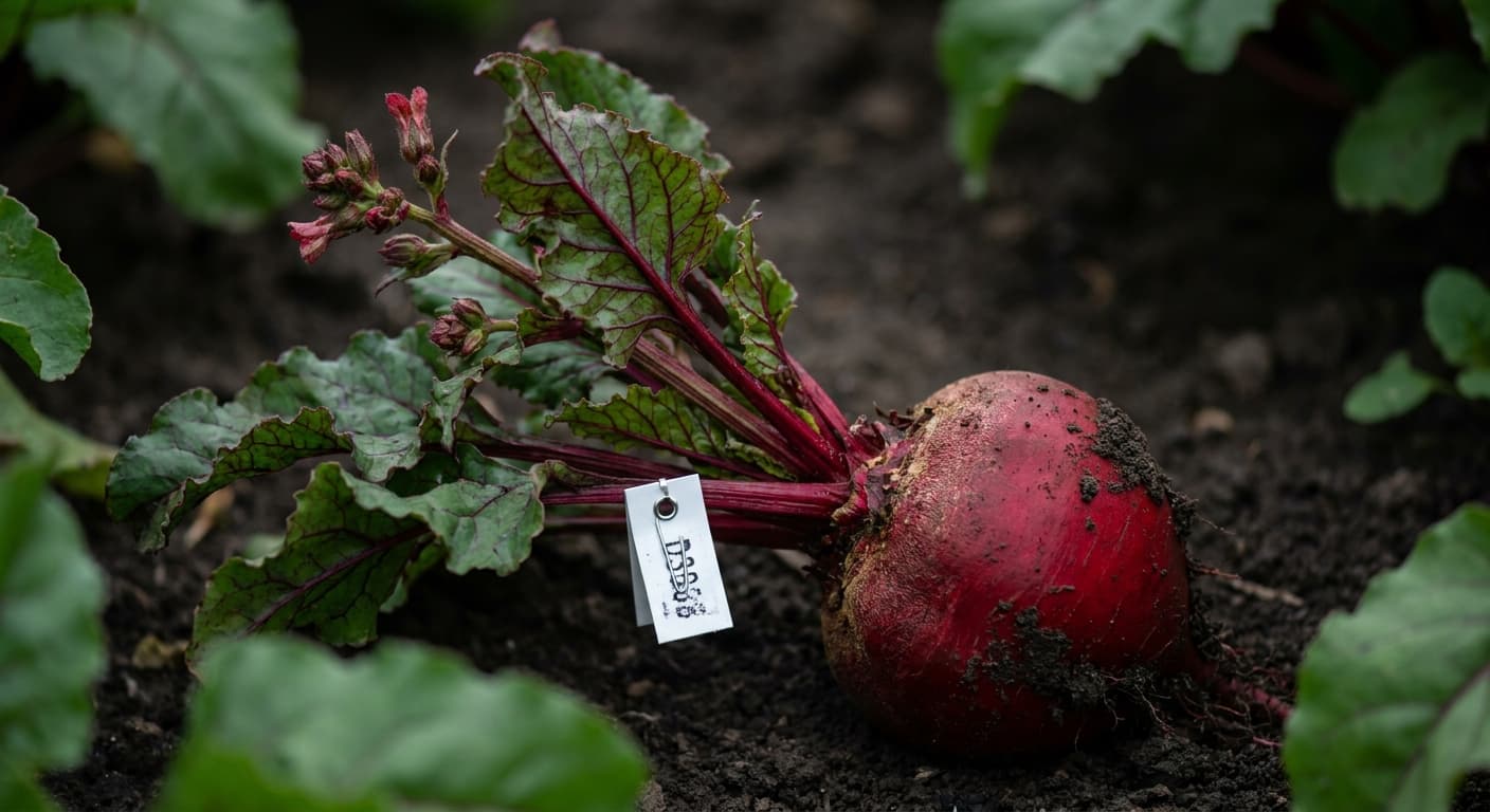 Scoville Splice Hemorrhage (SS-0668) — engineered Beet specimen on-plant with laboratory specimen tag