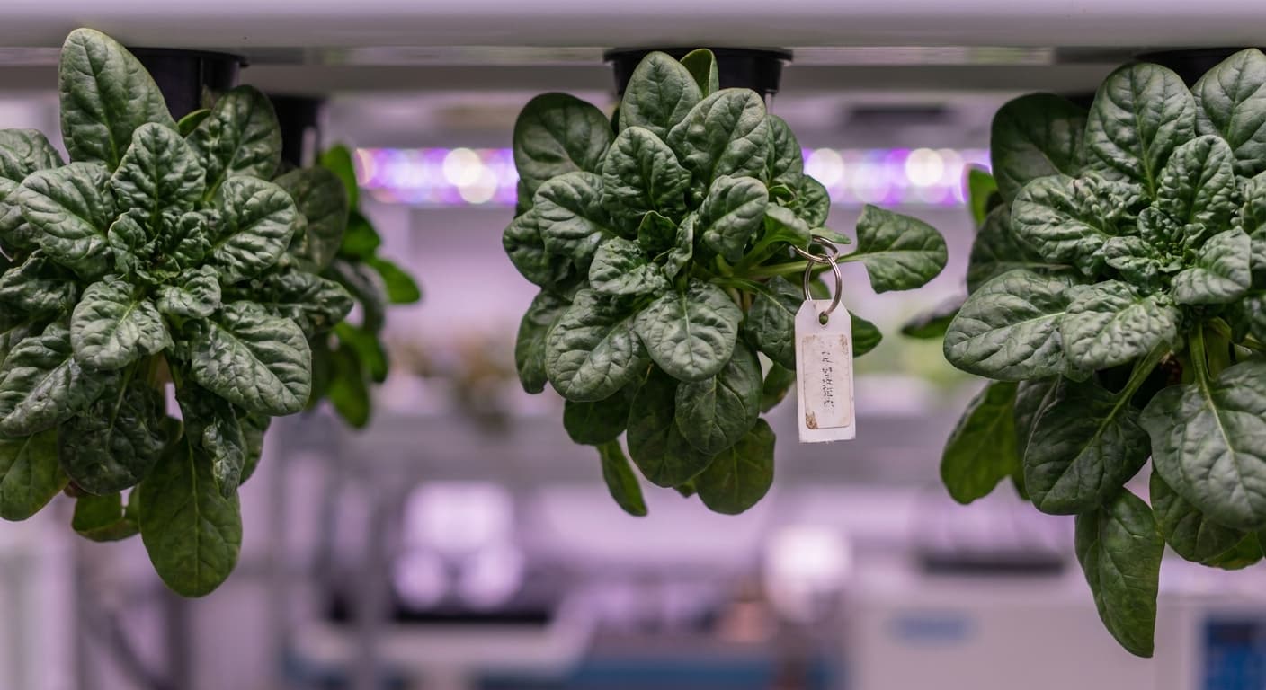 Scoville Splice Sauteed (SS-0671) — engineered Spinach specimen on-plant with laboratory specimen tag