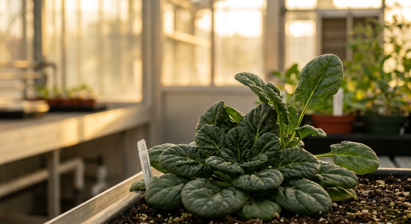Scoville Splice Creamed (SS-0672) — engineered Spinach specimen on-plant with laboratory specimen tag