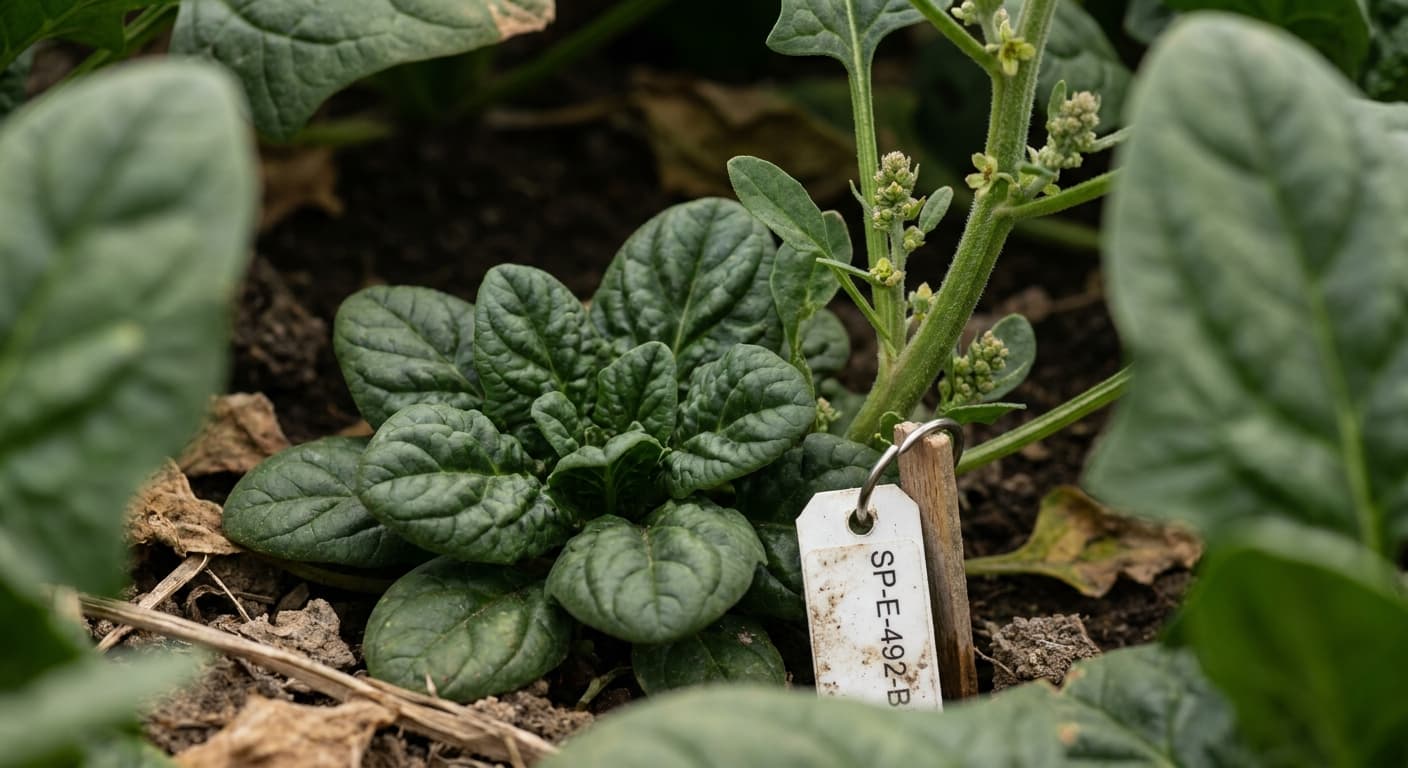 Scoville Splice Iron Fist (SS-0673) — engineered Spinach specimen on-plant with laboratory specimen tag