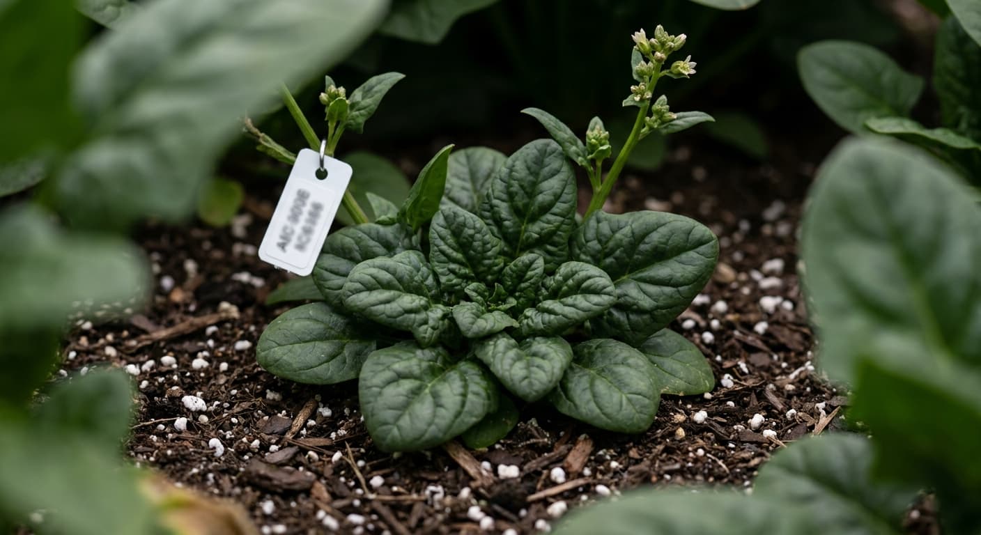 Scoville Splice Green Steel (SS-0675) — engineered Spinach specimen on-plant with laboratory specimen tag
