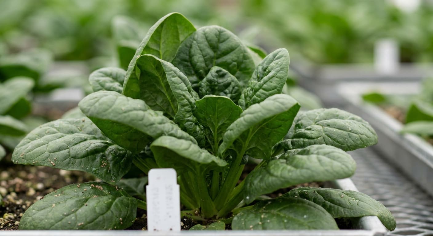 Scoville Splice Spinach Fire (SS-0676) — engineered Spinach specimen on-plant with laboratory specimen tag