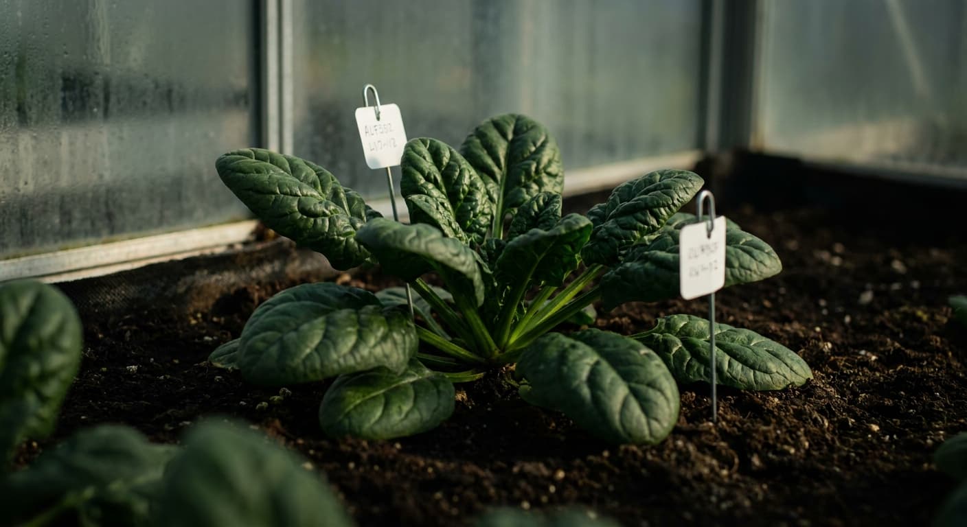 Scoville Splice Iron Forge (SS-0677) — engineered Spinach specimen on-plant with laboratory specimen tag
