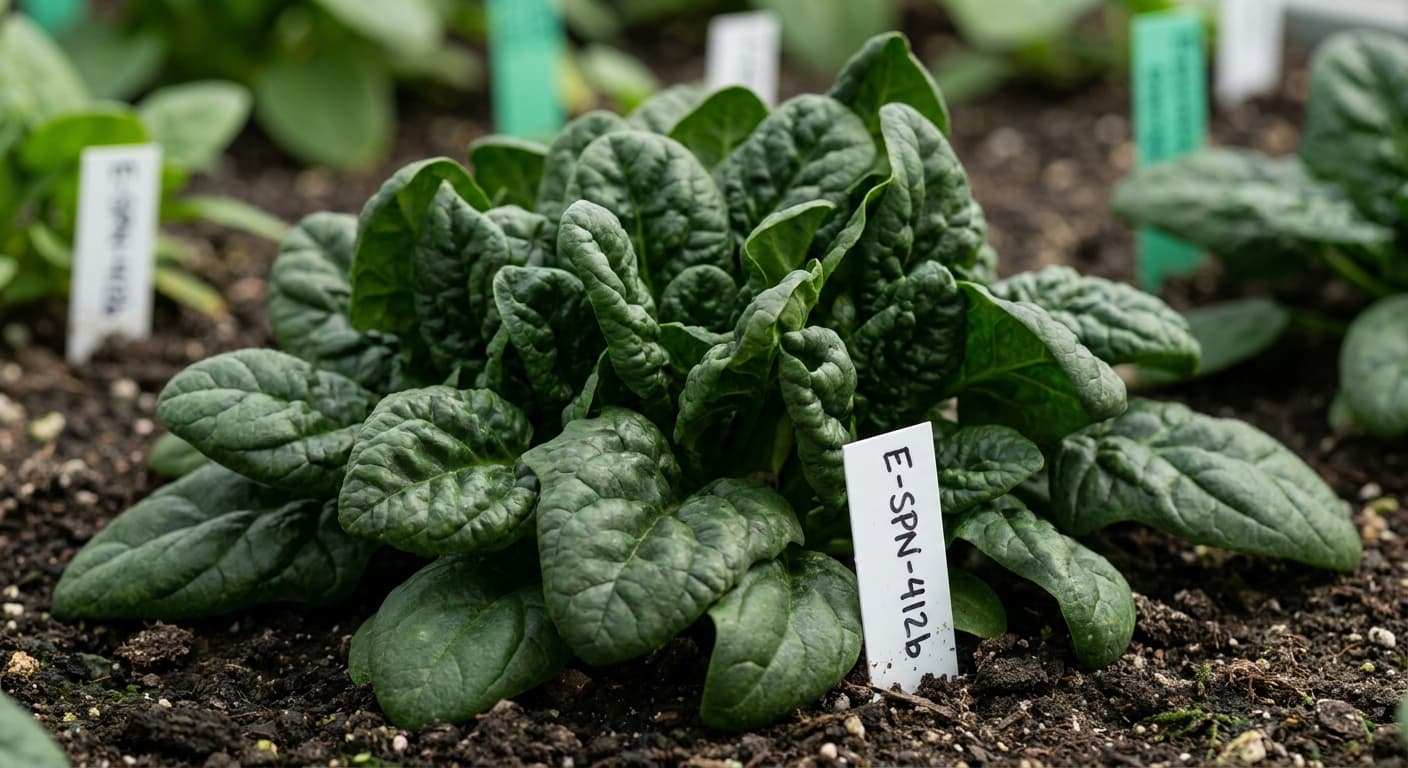 Scoville Splice Iron Inferno (SS-0678) — engineered Spinach specimen on-plant with laboratory specimen tag