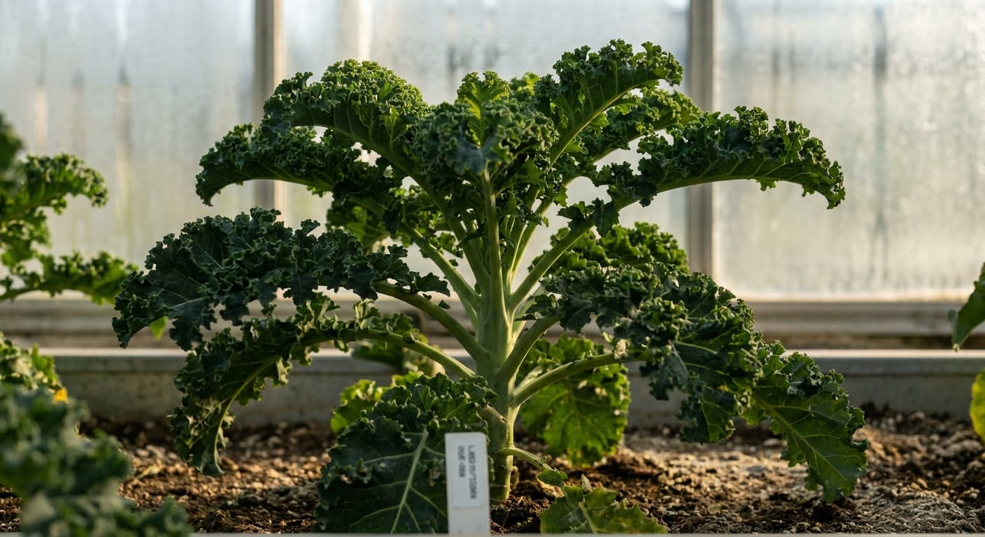 Scoville Splice Baby Kale (SS-0679) — engineered Kale specimen on-plant with laboratory specimen tag