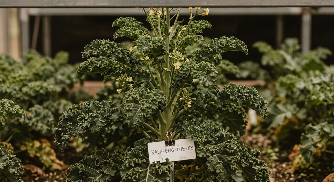Scoville Splice Massaged (SS-0680) — engineered Kale specimen on-plant with laboratory specimen tag