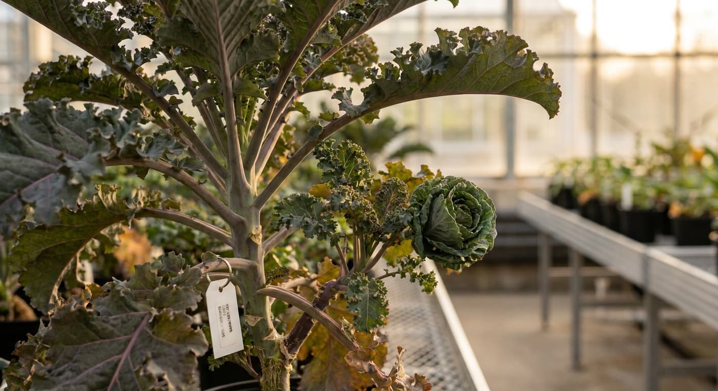 Scoville Splice Chip (SS-0681) — engineered Kale specimen on-plant with laboratory specimen tag