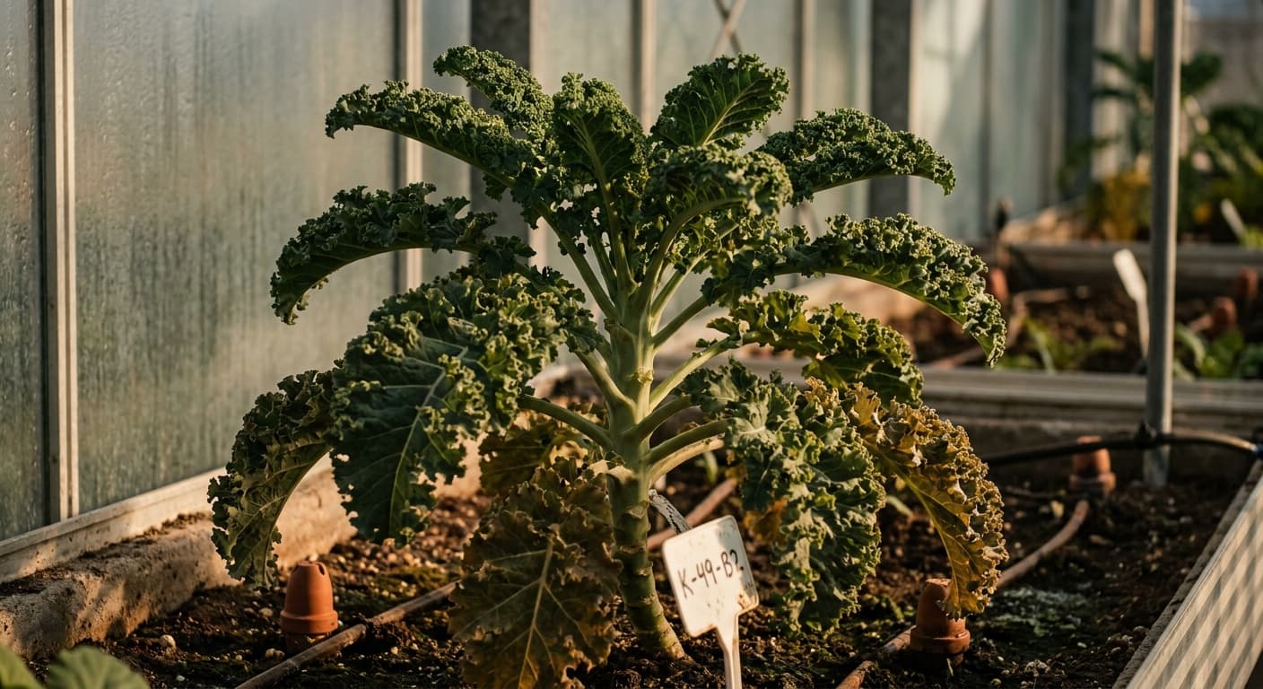 Scoville Splice Smoothie Spike (SS-0682) — engineered Kale specimen on-plant with laboratory specimen tag