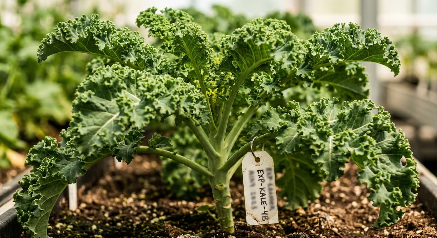 Scoville Splice Superfood Fire (SS-0683) — engineered Kale specimen on-plant with laboratory specimen tag
