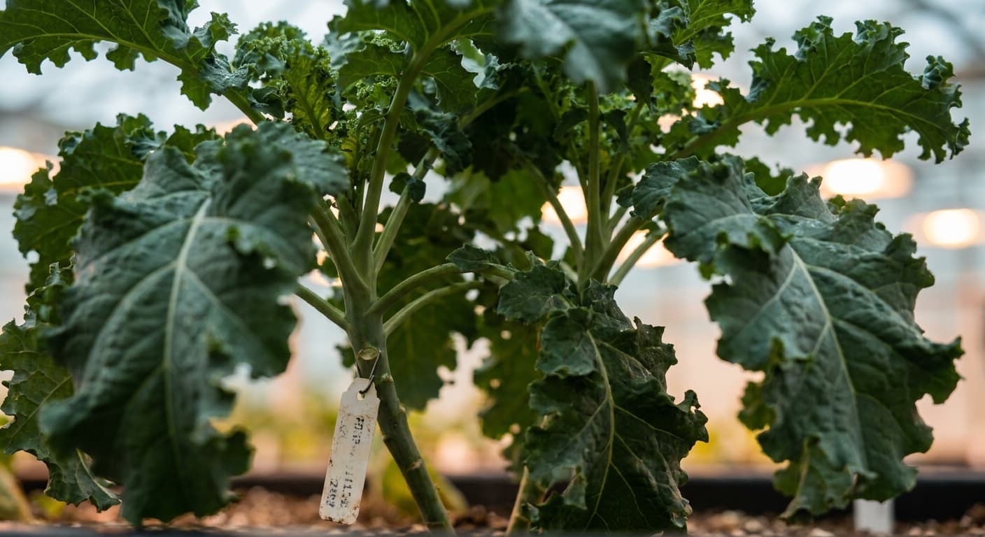 Scoville Splice Green Goddess (SS-0684) — engineered Kale specimen on-plant with laboratory specimen tag