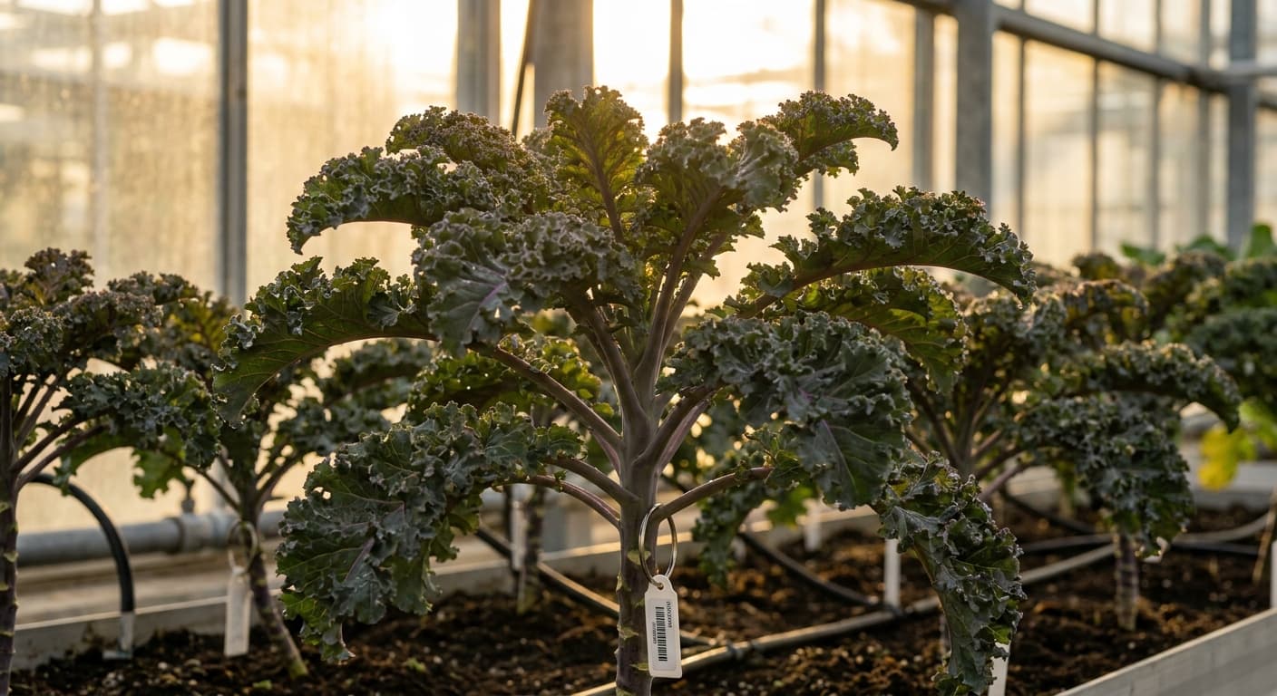 Scoville Splice Kale Storm (SS-0685) — engineered Kale specimen on-plant with laboratory specimen tag