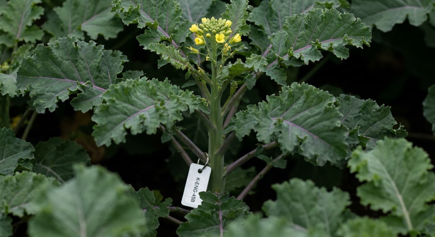 Scoville Splice Lacinato Burn (SS-0686) — engineered Kale specimen on-plant with laboratory specimen tag