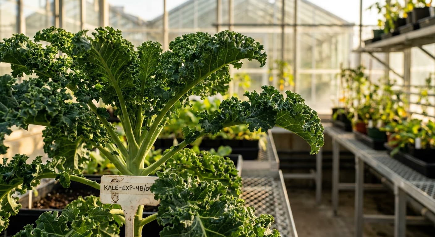 Scoville Splice Curly Fury (SS-0687) — engineered Kale specimen on-plant with laboratory specimen tag
