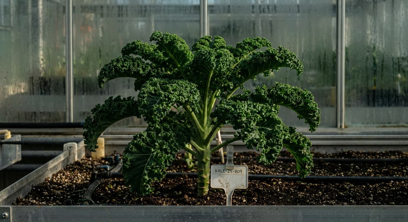 Scoville Splice Kale Inferno (SS-0688) — engineered Kale specimen on-plant with laboratory specimen tag