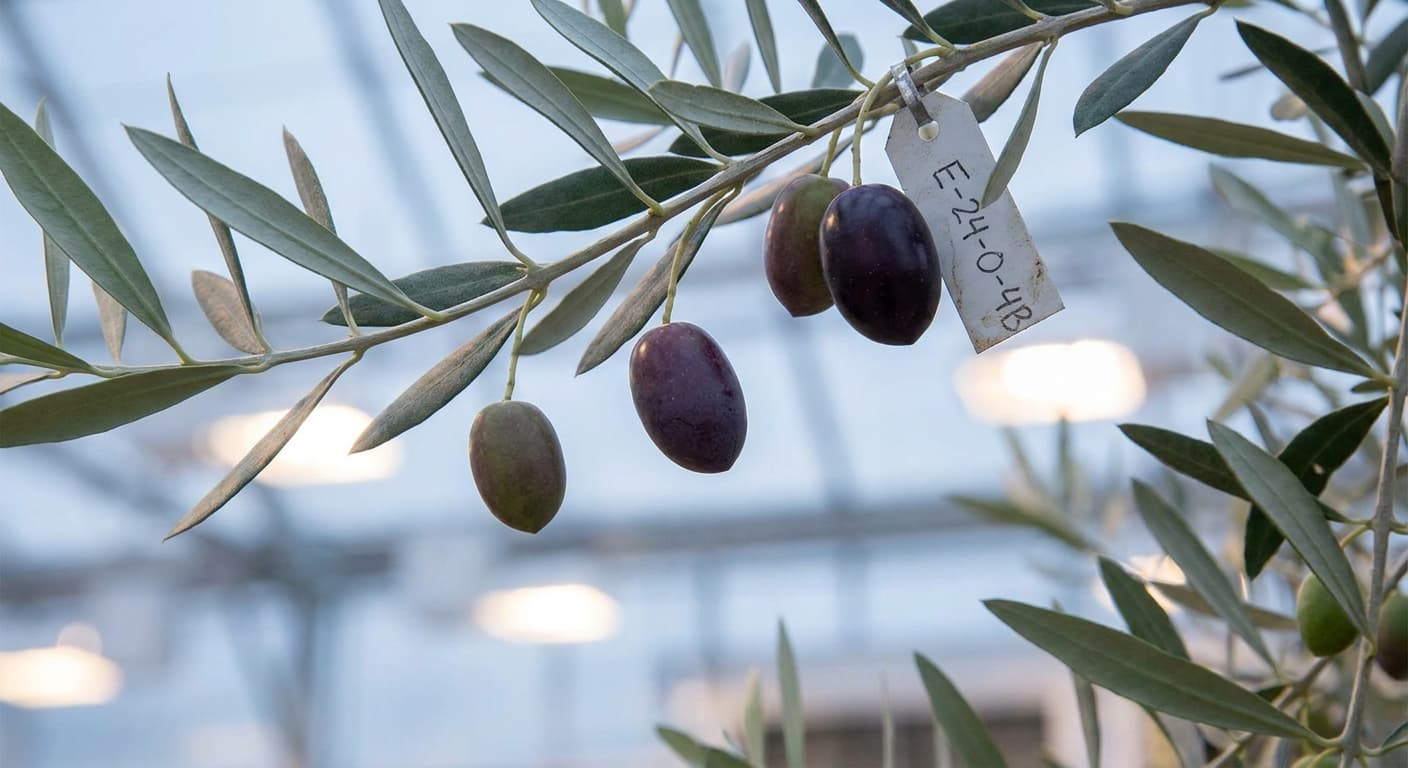 Scoville Splice First Cold (SS-0699) — engineered Olive specimen on-plant with laboratory specimen tag