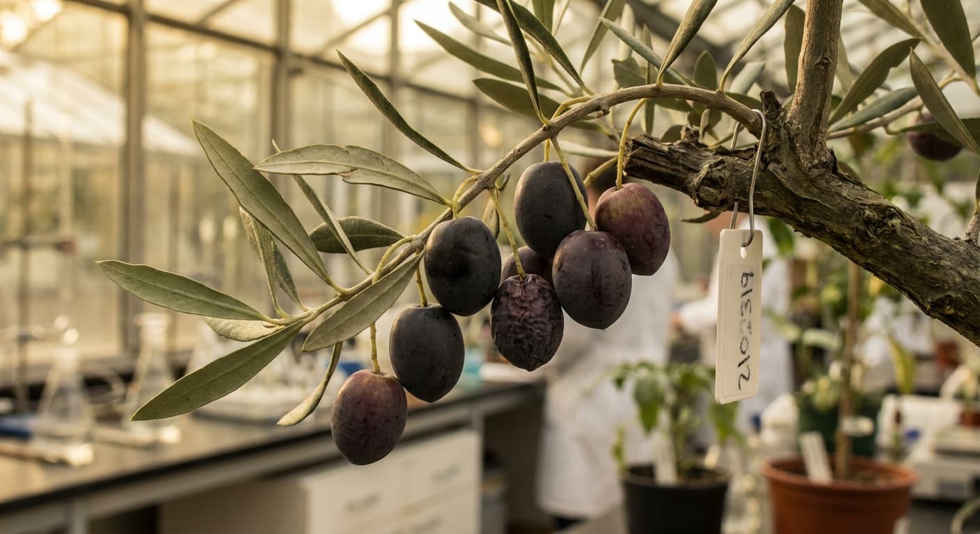 Scoville Splice Extra Virgin (SS-0700) — engineered Olive specimen on-plant with laboratory specimen tag
