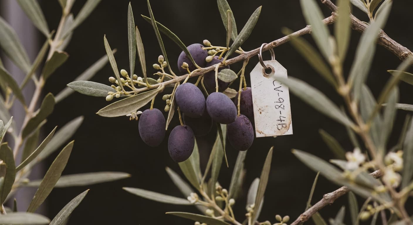 Scoville Splice Virgin (SS-0701) — engineered Olive specimen on-plant with laboratory specimen tag