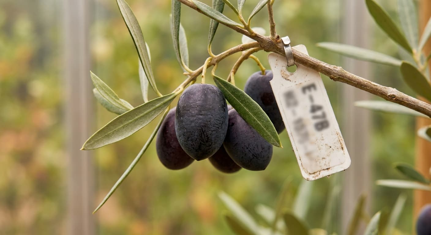 Scoville Splice Pomace (SS-0702) — engineered Olive specimen on-plant with laboratory specimen tag