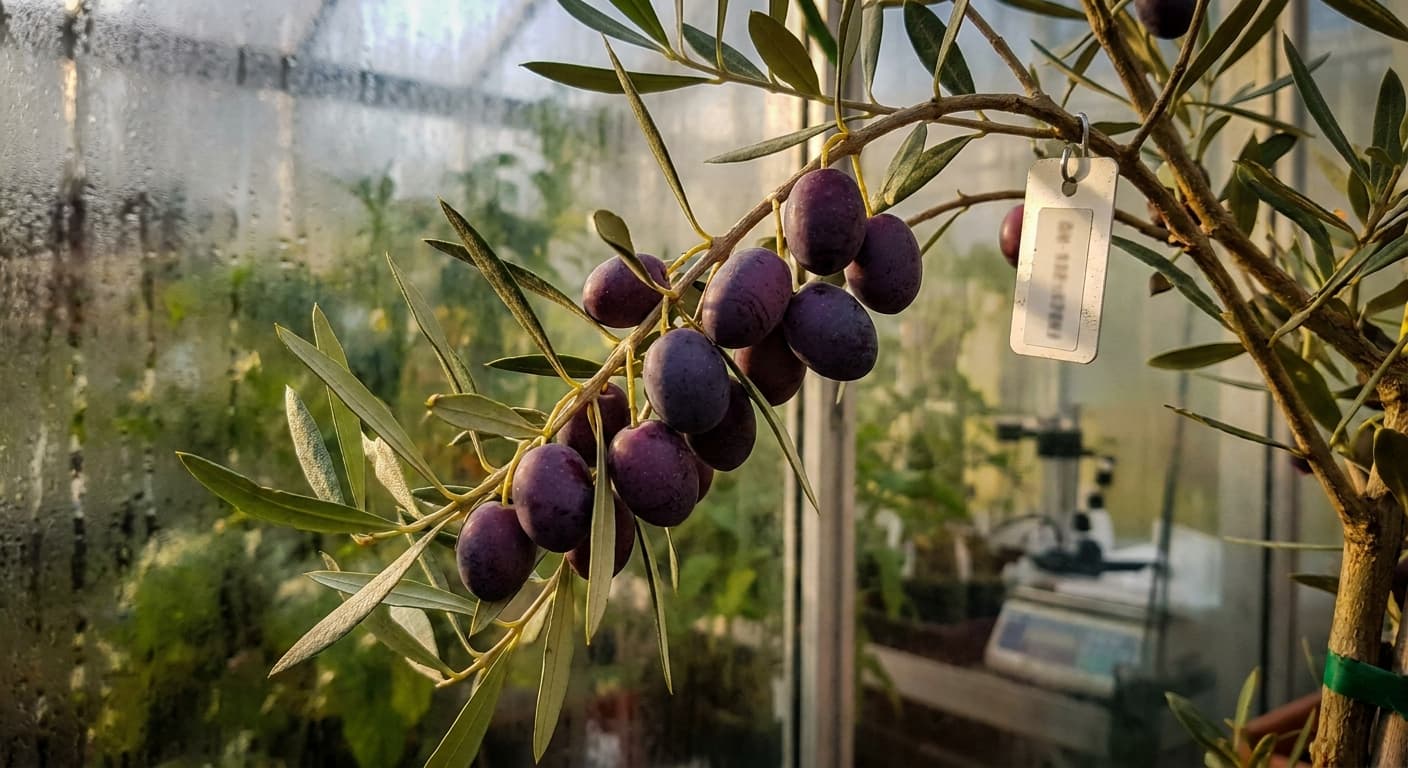 Scoville Splice Cured (SS-0703) — engineered Olive specimen on-plant with laboratory specimen tag