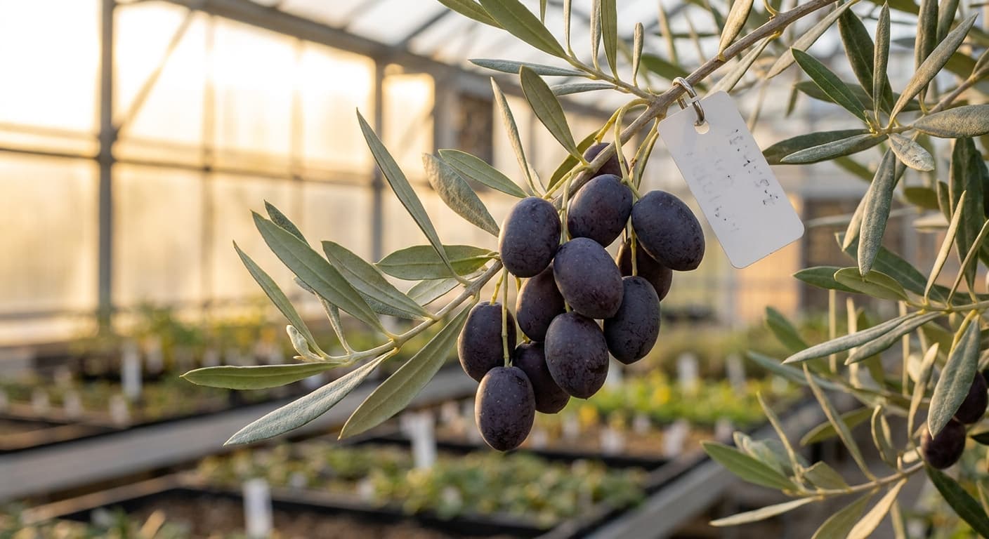 Scoville Splice Kalamata (SS-0704) — engineered Olive specimen on-plant with laboratory specimen tag