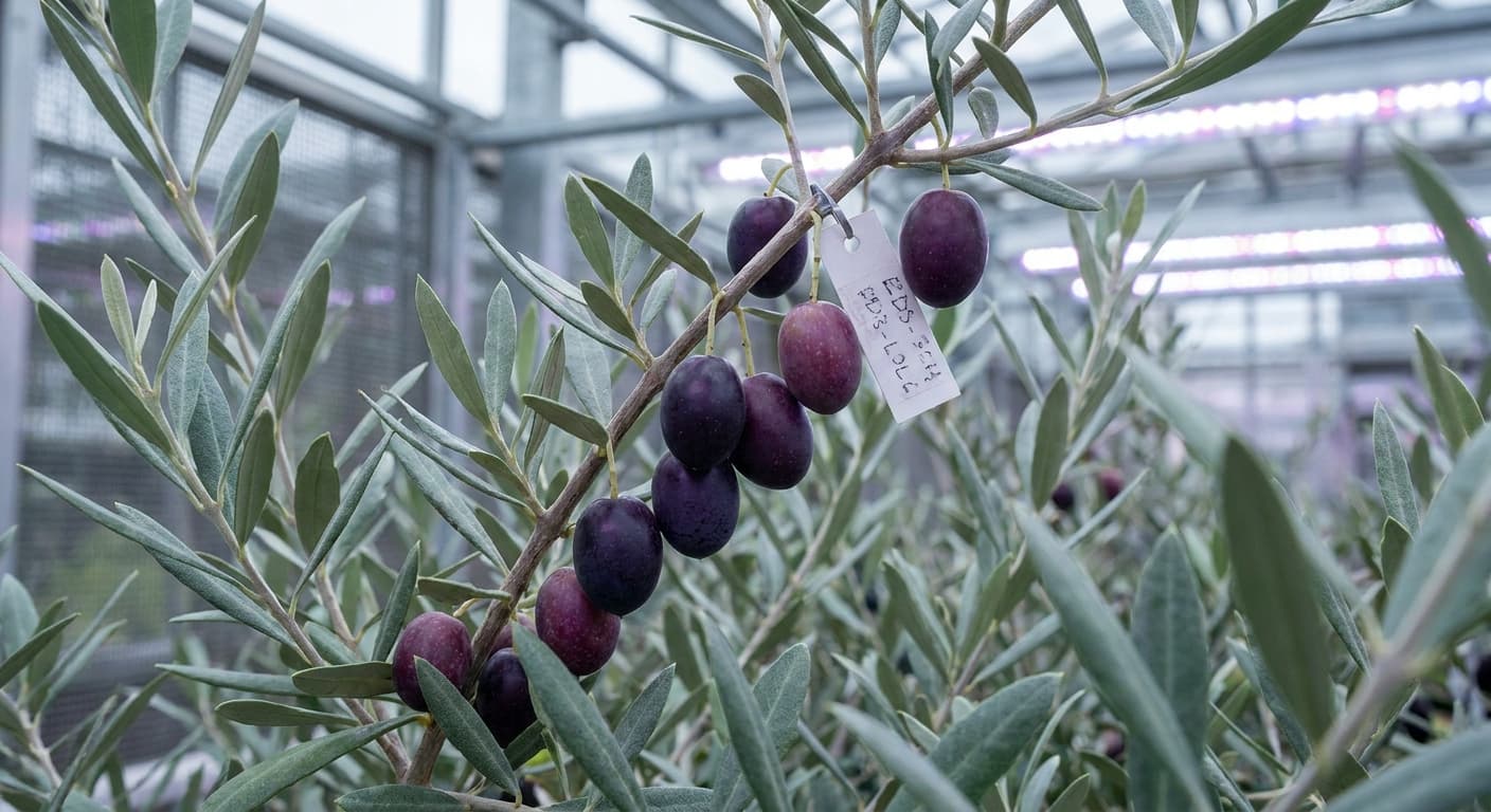 Scoville Splice Arbequina Burn (SS-0705) — engineered Olive specimen on-plant with laboratory specimen tag