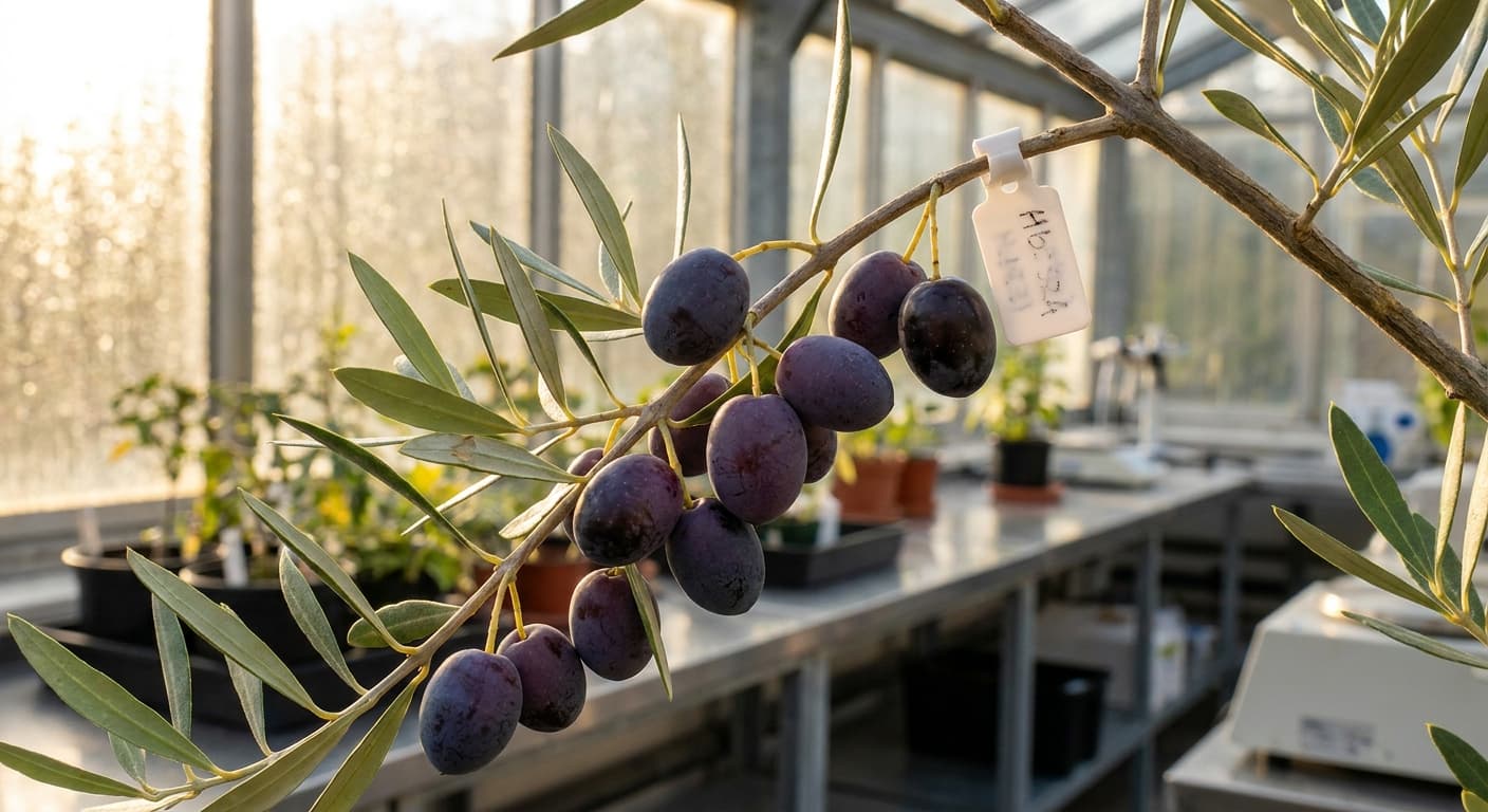 Scoville Splice Olive Press (SS-0706) — engineered Olive specimen on-plant with laboratory specimen tag