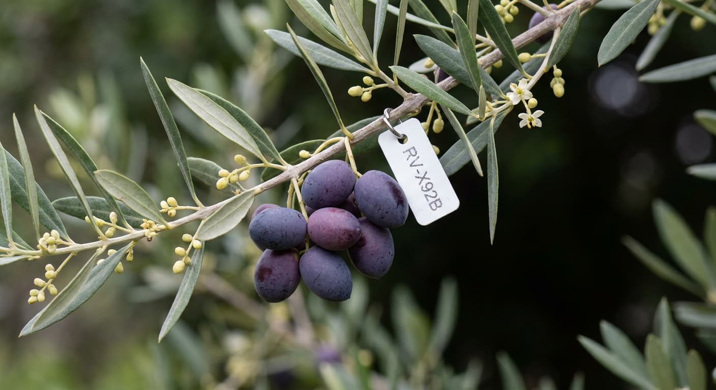 Scoville Splice Frantoio Fire (SS-0707) — engineered Olive specimen on-plant with laboratory specimen tag