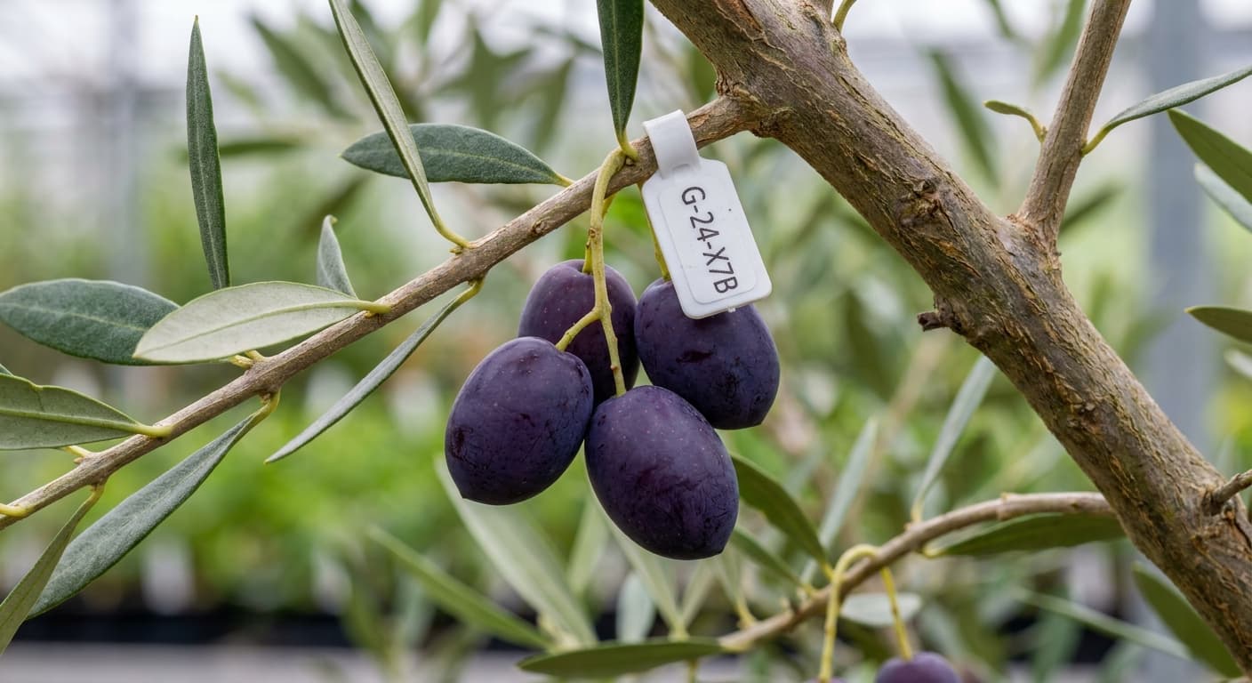 Scoville Splice Liquid Gold (SS-0708) — engineered Olive specimen on-plant with laboratory specimen tag