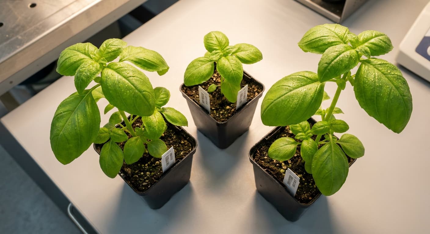 Scoville Splice Genovese Warm (SS-0712) — engineered Basil specimen on-plant with laboratory specimen tag